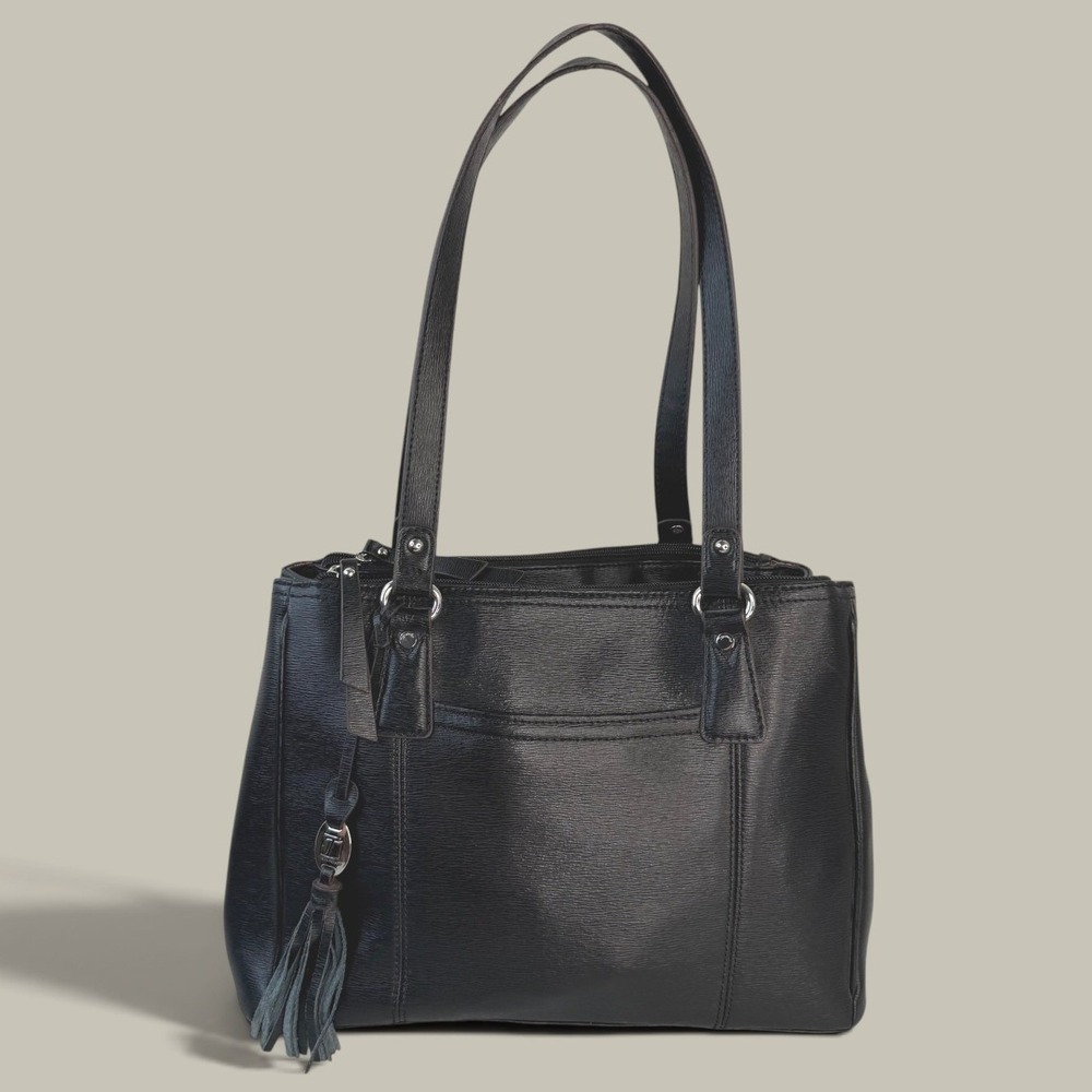 Tignanello Black Leather Tassel Shoulder Bag Tote Triple Compartment Purse
